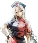  1girl asymmetrical_clothes braid breasts brown_eyes character_name cross dress hand_on_hip hat large_breasts long_hair no-kan nurse_cap puffy_sleeves short_sleeves silver_hair simple_background single_braid smile solo touhou white_background wrist_cuffs yagokoro_eirin 