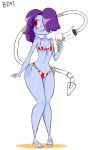  1girl bigdead93 bikini blue_skin full_body hair_over_one_eye ice_cream_cone leviathan_(skullgirls) long_hair long_legs purple_hair red_eyes sandals side_ponytail sienna_contiello skullgirls small_breasts solo standing stitched_mouth swimsuit toes wide_hips zombie 