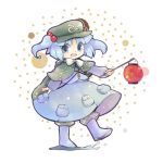  1girl :d biyon blue_eyes blue_hair hair_bobbles hair_ornament hat holding kawashiro_nitori lampion looking_at_viewer open_mouth sketch smile solo touhou two_side_up 