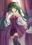  1girl curtains detached_sleeves flower green_eyes green_hair hatsune_miku highres long_hair skirt solo thighhighs twintails very_long_hair vocaloid window youxuemingdie 