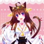 1girl ahoge animal_ears brown_hair cat_ears cat_tail detached_sleeves door_to_heaven hairband heart japanese_clothes jewelry kantai_collection kemonomimi_mode kongou_(kantai_collection) lock long_hair looking_at_viewer necklace nontraditional_miko open_mouth ribbon solo star tail violet_eyes wide_sleeves 