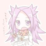 1girl chibi ibuki_(clover_club) japanese_clothes jun&#039;you_(kantai_collection) kantai_collection long_hair looking_at_viewer open_mouth purple_hair scissors solo translated violet_eyes 