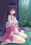 1girl :d barefoot black_hair breasts cleavage hakuto_(28syuku) houraisan_kaguya long_hair looking_at_viewer open_mouth seiza sitting smile solo tatami touhou undressing violet_eyes