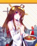  1girl ahoge brown_hair curry detached_sleeves door_to_heaven food hairband japanese_clothes kantai_collection kongou_(kantai_collection) long_hair machinery nontraditional_miko solo spoon spoon_in_mouth turret violet_eyes wide_sleeves 