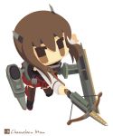  1girl bow_(weapon) brown_eyes brown_hair chameleon_man_(three) chibi crossbow headband holding kantai_collection looking_at_viewer machinery short_hair solo taihou_(kantai_collection) weapon 