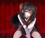  1girl black_hair breasts brown_eyes collar lace_border looking_at_viewer original parted_lips school_uniform serafuku sherypton sitting socks solo two_side_up v_arms vertical-striped_background wariza white_legwear 