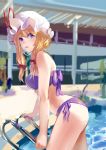  1girl bikini blonde_hair hat highres liyou-ryon long_hair pool swimsuit touhou violet_eyes yakumo_yukari 