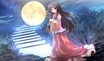  1girl black_hair branch clouds dress floral_print full_moon highres houraisan_kaguya jeweled_branch_of_hourai long_hair long_sleeves moon night pink_dress red_eyes risutaru sky solo stairs star_(sky) starry_sky touhou very_long_hair wide_sleeves 