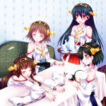  4girls ahoge black_hair blue_eyes brown_hair closed_eyes couch cup detached_sleeves door_to_heaven glasses hairband haruna_(kantai_collection) hiei_(kantai_collection) japanese_clothes kantai_collection kirishima_(kantai_collection) kongou_(kantai_collection) multiple_girls nontraditional_miko open_mouth orange_eyes searchlight siblings sisters smile table teacup teapot wide_sleeves 