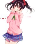  1girl artist_request black_hair blush bow character_name hair_bow heart long_hair love_live!_school_idol_project red_eyes ribbon school_uniform simple_background skirt smile solo source_request sweater tongue twintails white_background yazawa_nico 