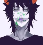  1boy black_hair bust fangs gamzee_makara grey_skin homestuck horns licking_lips makeup mookie sharp_teeth short_hair smile solo tongue tongue_out violet_eyes yellow_sclera 