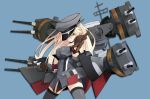  1girl bismarck_(kantai_collection) blonde_hair blue_background blue_eyes breasts brown_gloves clenched_hand cowboy_shot gloves grey_legwear hat hat_over_one_eye iwasaki_takashi kantai_collection long_hair looking_at_viewer machinery outstretched_hand peaked_cap solo thighhighs 