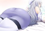  1girl aila_jyrkiainen ass bare_shoulders bed blush boots breast_press breasts dress elbow_gloves from_behind gloves gundam gundam_build_fighters hat highres hornet_(artist) huge_ass legs long_hair looking_away lying on_stomach pillow pillow_grab silver_hair simple_background smile solo thigh-highs thigh_boots thighs violet_eyes 