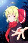  1girl ;) blonde_hair chinese_clothes foreshortening hair_ribbon highres one_eye_closed red_eyes ribbon rumia s-ghost scarf short_hair smile touhou 