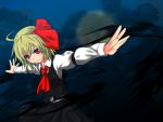  1girl ascot blonde_hair darkness full_moon hair_ribbon highres moon outstretched_arms red_eyes ribbon rumia s-ghost shirt short_hair skirt smile spread_arms touhou vest 