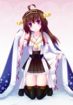  1girl ahoge blanket brown_hair detached_sleeves door_to_heaven futon hairband japanese_clothes kantai_collection kneeling kongou_(kantai_collection) long_hair looking_at_viewer nontraditional_miko smile solo thigh-highs violet_eyes wide_sleeves 