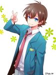  1boy belt blue_eyes brown_hair flower kakumeiki_valvrave necktie school_uniform short_hair smile solo tokishima_haruto v 