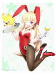  1girl ;d animal_ears bowtie bunny_tail bunnysuit character_request cup detached_collar gloves goblet long_hair one_eye_closed open_mouth pantyhose phantasy_star phantasy_star_online_2 rabbit_ears smile tail tray wine_glass yazaki_shion 