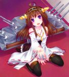  1girl ahoge brown_hair detached_sleeves door_to_heaven hairband japanese_clothes kantai_collection kongou_(kantai_collection) long_hair looking_at_viewer machinery nontraditional_miko open_mouth sitting solo thigh-highs turret violet_eyes wariza wide_sleeves 