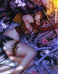  1girl artist_request bandeau black_hair blue_eyes breasts butterfly_hair_ornament cleavage hair_ornament highres large_breasts long_hair navel off_shoulder scalpel sengoku_bushouki_muramasa skeleton 