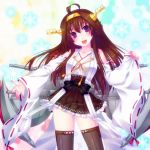  1girl ahoge brown_hair detached_sleeves door_to_heaven hairband japanese_clothes kantai_collection kongou_(kantai_collection) long_hair looking_at_viewer machinery nontraditional_miko open_mouth solo turret violet_eyes wide_sleeves 