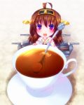  1girl ahoge brown_hair cup detached_sleeves door_to_heaven hairband japanese_clothes kantai_collection kongou_(kantai_collection) long_hair looking_at_viewer machinery minigirl nontraditional_miko open_mouth solo spoon sugar_cube tea teacup turret violet_eyes wide_sleeves 