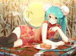 1girl :t aqua_eyes aqua_hair arm_support bamboo china_dress chinese_clothes double_bun eating female hatsune_miku long_hair lying mooncake on_side phino plate solo thighhighs twintails very_long_hair vocaloid 