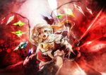  1girl ascot blonde_hair crystal fangs flandre_scarlet flying frills hat hat_ribbon mob_cap no-kan open_mouth ponytail puffy_sleeves red_eyes ribbon shirt short_hair short_sleeves side_ponytail skirt skirt_set smile solo touhou vest wings wrist_cuffs 