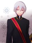  1boy flower gradient gradient_background kakumeiki_valvrave l-elf natsu_(360c) priest short_hair silver_hair smile solo spoilers uniform violet_eyes 