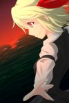  1girl blonde_hair dusk hair_ribbon highres outstretched_arms red_eyes ribbon rumia s-ghost shirt short_hair skirt smile spread_arms touhou vest water 