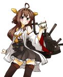  1girl ahoge amonitto black_eyes brown_hair cup detached_sleeves hair_bun hairband holding kantai_collection kongou_(kantai_collection) long_hair looking_at_viewer machinery nontraditional_miko pleated_skirt skirt solo teacup thighhighs turret zettai_ryouiki 