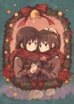  2girls bell brown_eyes brown_hair coat hand_on_another&#039;s_head hand_on_own_chest highres holding_hands kyuri multiple_girls original parted_lips scarf shared_scarf smile snow star wreath yuri 