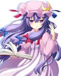  1girl book chestnut_mouth colored crescent dyumo_(moffri) hair_ribbon hat highres long_hair looking_at_viewer open_mouth patchouli_knowledge purple_hair ribbon solo touhou violet_eyes yuntea 