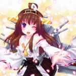  1girl ahoge brown_hair detached_sleeves door_to_heaven hairband japanese_clothes jewelry kantai_collection kongou_(kantai_collection) long_hair machinery nontraditional_miko one_eye_closed open_mouth petals ring solo turret violet_eyes wedding_ring wide_sleeves 
