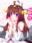  1girl ahoge blush brown_hair detached_sleeves door_to_heaven hairband japanese_clothes jewelry kantai_collection kongou_(kantai_collection) long_hair machinery nontraditional_miko open_mouth ring solo turret violet_eyes wedding_ring wide_sleeves 
