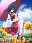  1girl ascot blue_sky breasts clouds field flower flower_field green_hair highres kazami_yuuka large_breasts long_sleeves open_clothes open_vest parasol petals red_eyes rihito_(usazukin) shirt skirt sky solo sunflower touhou umbrella vest 