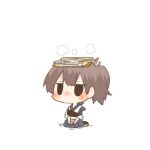  1girl black_eyes blush brown_hair chibi fish food kaga_(kantai_collection) kantai_collection lowres object_on_head plate rebecca_(keinelove) short_hair side_ponytail sitting smoke 