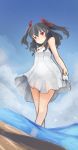  1girl artist_request bare_shoulders black_hair character_request clouds copyright_request drawfag dress hair_ornament hair_ribbon happy highres long_hair looking_at_viewer red_eyes red_ribbon ribbon sky smile solo twintails water white_dress 