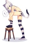  ! 1girl animal_ears ass blue_eyes blush bra breasts cat_ears cat_tail error highres long_hair mamuru original panties silver_hair simple_background solo spoken_exclamation_mark stool striped striped_bra striped_legwear striped_panties tail thighhighs thighhighs_pull underwear white_background wrong_feet 