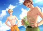  2boys ball black_hair blonde_hair blue_sky buck_teeth dirk_strider glasses green_eyes hands_on_hips homestuck jake_english multiple_boys ocean open_mouth short_hair sky smile sunglasses swimsuit ti9931 