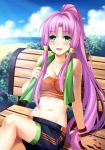  1girl arm_support bench blush breasts clouds collarbone crossed_legs green_eyes long_hair looking_at_viewer navel open_mouth original pink_hair ponytail sitting sky solo sweat sweating tank_top tonee towel towel_around_neck very_long_hair wristband 