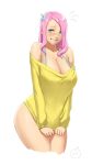  1girl ass bare_shoulders biting_lips blue_eyes blush breasts cleavage fluttershy highres humanization large_breasts long_hair looking_at_viewer my_little_pony my_little_pony_friendship_is_magic off_shoulder pink_hair shy solo sweatdrop sweater 