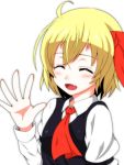  1girl :d ^_^ ascot blonde_hair closed_eyes fang hair_ribbon highres open_mouth ribbon rumia s-ghost salute shirt short_hair simple_background smile touhou vest white_background 