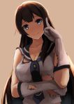  1girl agano_(kantai_collection) akabane_rin blue_eyes breasts brown_hair cleavage elbow_gloves finger_to_head gloves kantai_collection long_hair looking_at_viewer school_uniform serafuku smile solo torn_clothes torn_gloves 