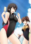  2girls akagi_(kantai_collection) arena_(company) black_hair brown_eyes brown_hair competition_swimsuit eating fuuma_nagi goggles goggles_removed highleg highleg_swimsuit kaga_(kantai_collection) kantai_collection long_hair multiple_girls one-piece_swimsuit popsicle short_hair side_ponytail swimsuit 