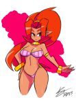  1girl armlet bangle bare_shoulders big_hair bigdead93 bikini bracelet breasts choker cleavage cowboy_shot cropped_legs dark_skin din eyebrows hand_on_hip highres jewelry long_hair navel oracle_of_seasons pointy_ears ponytail redhead solo strapless swimsuit the_legend_of_zelda 