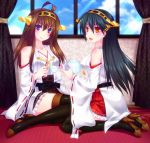  2girls ahoge black_hair brown_hair cup detached_sleeves door_to_heaven hairband haruna_(kantai_collection) japanese_clothes kantai_collection kongou_(kantai_collection) long_hair looking_at_viewer multiple_girls nontraditional_miko open_mouth orange_eyes siblings sisters sitting smile teacup teapot thigh-highs violet_eyes wide_sleeves 
