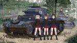  5girls akaboshi_koume black_hair blue_eyes boots brown_eyes brown_hair caterpillar_tracks flag forest fuzuki_hajime garrison_cap girls_und_panzer glasses hat itsumi_erika long_hair looking_at_viewer making_of military military_uniform military_vehicle multiple_girls nature nishizumi_miho panzerkampfwagen_i panzerkampfwagen_ii revision ritaiko school_uniform short_hair silver_hair skirt smile tank tree uniform vehicle 