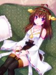  1girl ahoge brown_hair couch cup detached_sleeves door_to_heaven hairband japanese_clothes kantai_collection kongou_(kantai_collection) long_hair looking_at_viewer nontraditional_miko open_mouth pillow sitting solo tea teacup thigh-highs violet_eyes wide_sleeves 