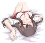  1girl ;d akagi_(kantai_collection) blush breasts brown_eyes brown_hair downblouse jewelry kantai_collection knees_up long_hair lying on_back one_eye_closed open_mouth ring smile solo tears upside-down wedding_band yumesato_makura 
